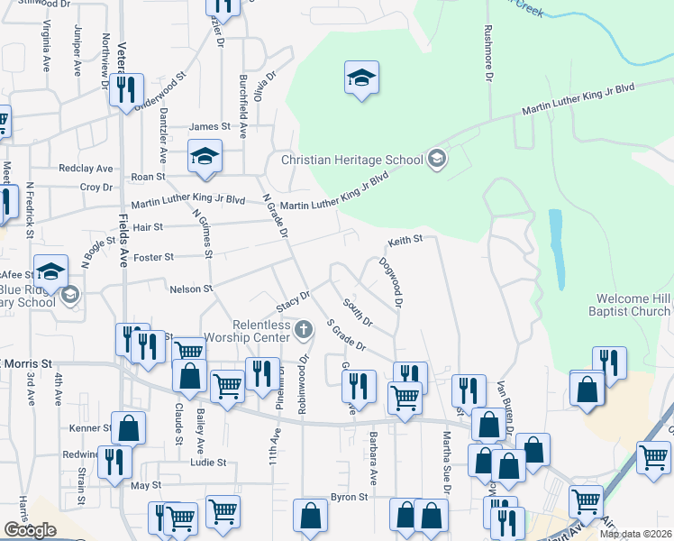 map of restaurants, bars, coffee shops, grocery stores, and more near 209 Mountain View Drive in Dalton