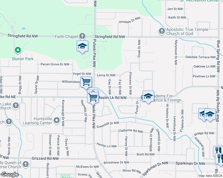 map of restaurants, bars, coffee shops, grocery stores, and more near 3603 Gay Street Northwest in Huntsville