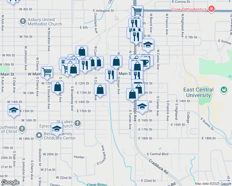 map of restaurants, bars, coffee shops, grocery stores, and more near 208 South Hope Avenue in Ada
