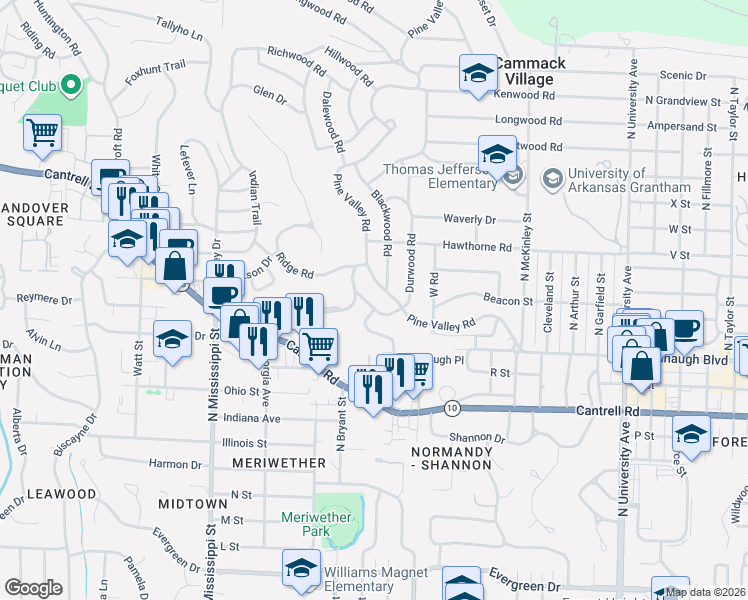 map of restaurants, bars, coffee shops, grocery stores, and more near 121 Kings Row Drive in Little Rock