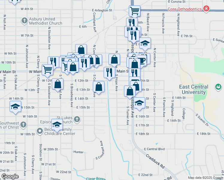 map of restaurants, bars, coffee shops, grocery stores, and more near 401 East 12th Avenue in Ada