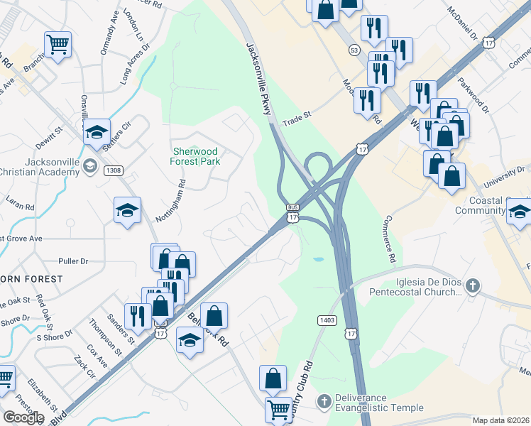 map of restaurants, bars, coffee shops, grocery stores, and more near 310 Montford Lane in Jacksonville