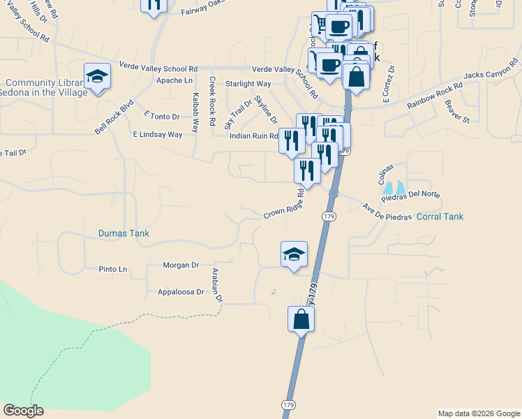 map of restaurants, bars, coffee shops, grocery stores, and more near 12 Golden Shadow Way in Sedona