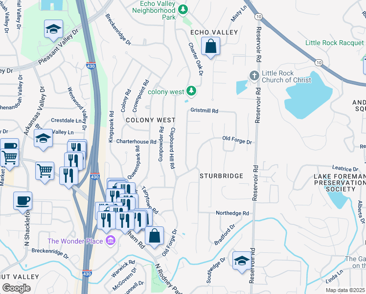map of restaurants, bars, coffee shops, grocery stores, and more near 2208 Grist Mill Road in Little Rock