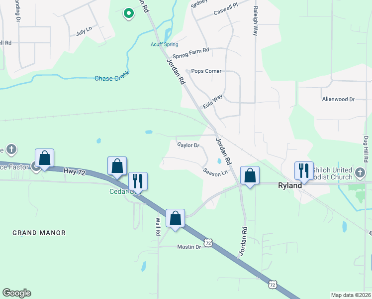 map of restaurants, bars, coffee shops, grocery stores, and more near 120 Gaylor Drive in Huntsville