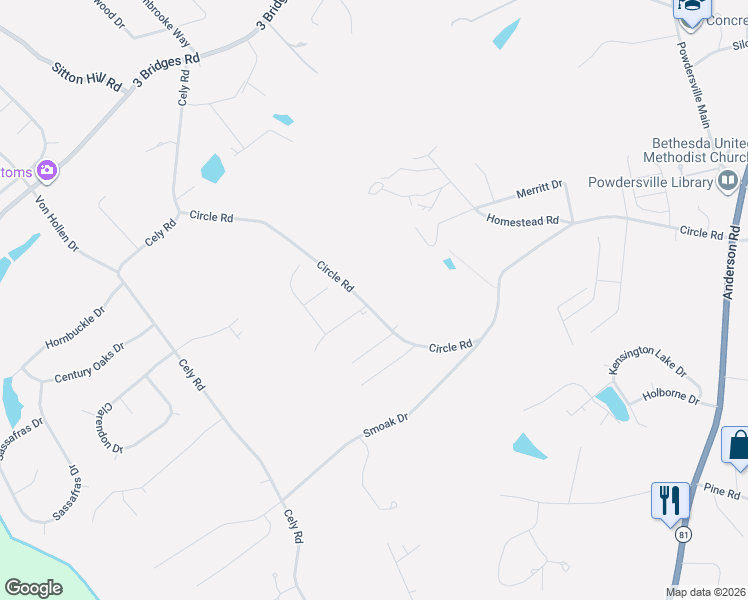 map of restaurants, bars, coffee shops, grocery stores, and more near 1213 Circle Road in Easley