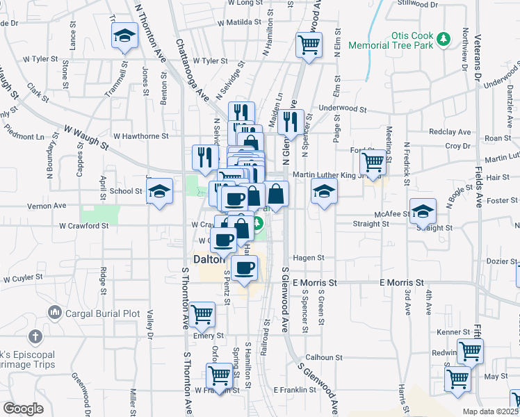 map of restaurants, bars, coffee shops, grocery stores, and more near 222 North Hamilton Street in Dalton