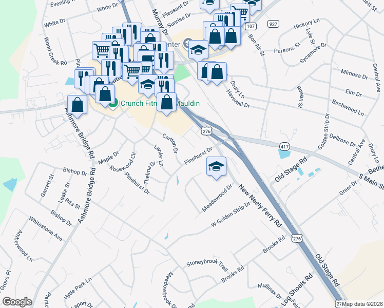map of restaurants, bars, coffee shops, grocery stores, and more near 117 Carlton Drive in Mauldin
