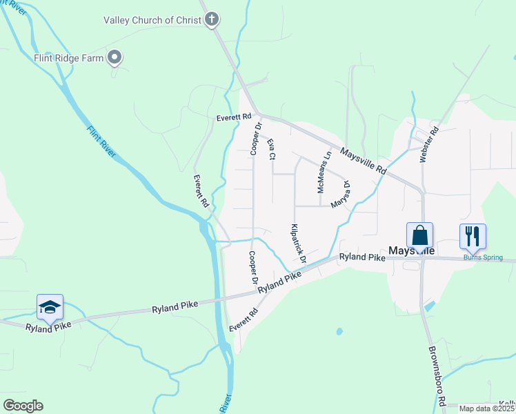 map of restaurants, bars, coffee shops, grocery stores, and more near 127 Cooper Drive in Huntsville