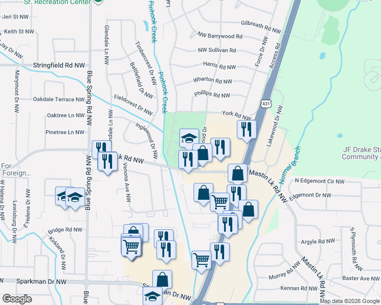 map of restaurants, bars, coffee shops, grocery stores, and more near 3601 Northwest Kenwood Drive in Huntsville
