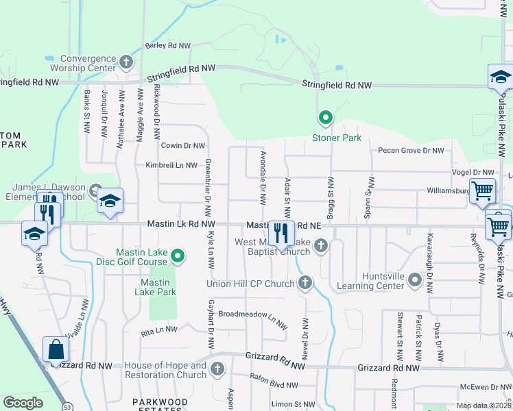 map of restaurants, bars, coffee shops, grocery stores, and more near 4904 Roebuck Road Northwest in Huntsville