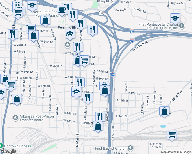 map of restaurants, bars, coffee shops, grocery stores, and more near 1923 North Magnolia Street in North Little Rock