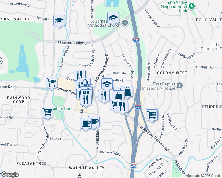 map of restaurants, bars, coffee shops, grocery stores, and more near 10809 Brazos Valley Lane in Little Rock