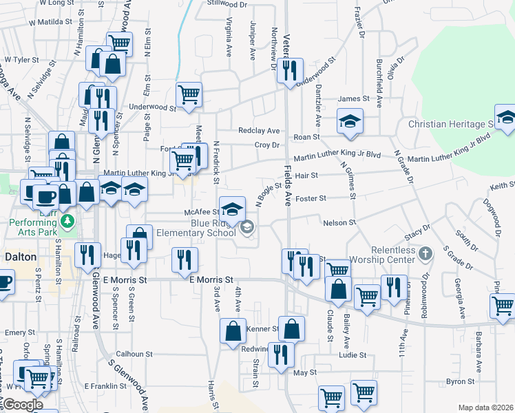map of restaurants, bars, coffee shops, grocery stores, and more near 207 North Bogle Street in Dalton