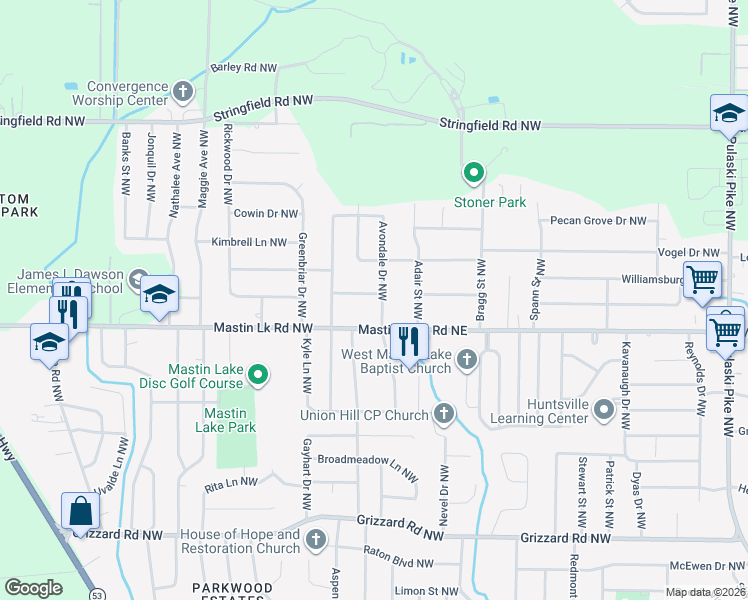 map of restaurants, bars, coffee shops, grocery stores, and more near 4904 Roebuck Road Northwest in Huntsville