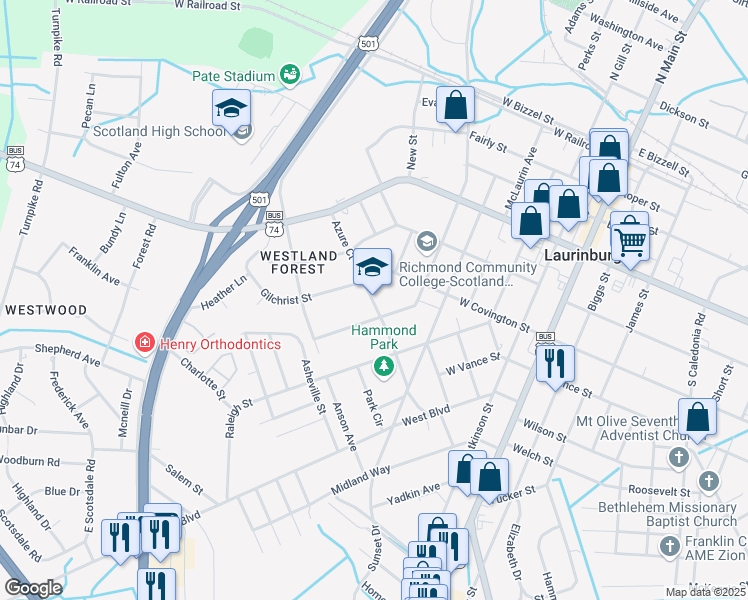map of restaurants, bars, coffee shops, grocery stores, and more near 615 West Covington Street in Laurinburg