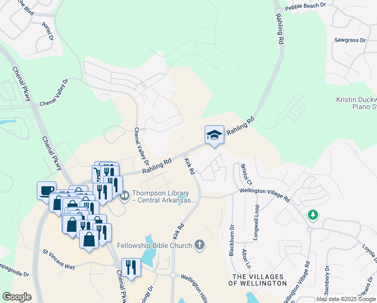 map of restaurants, bars, coffee shops, grocery stores, and more near Rahling Road in Little Rock