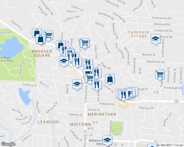 map of restaurants, bars, coffee shops, grocery stores, and more near 112 Winnwood Road in Little Rock