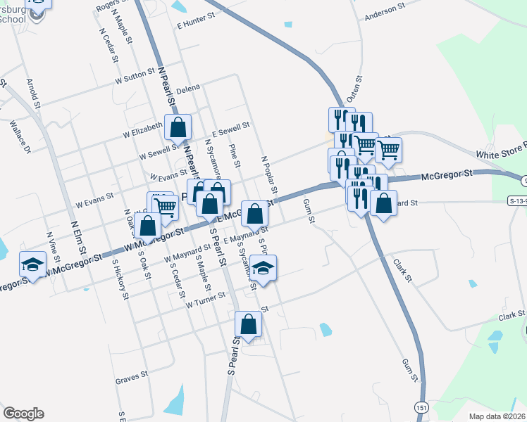 map of restaurants, bars, coffee shops, grocery stores, and more near 301-399 East McGregor Street in Pageland