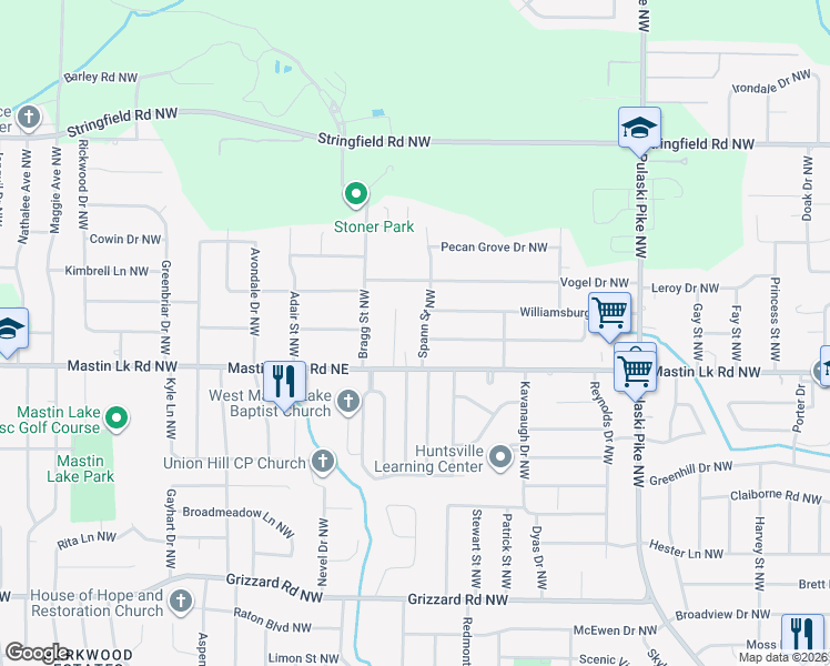 map of restaurants, bars, coffee shops, grocery stores, and more near 3510 Spann Street Northwest in Huntsville