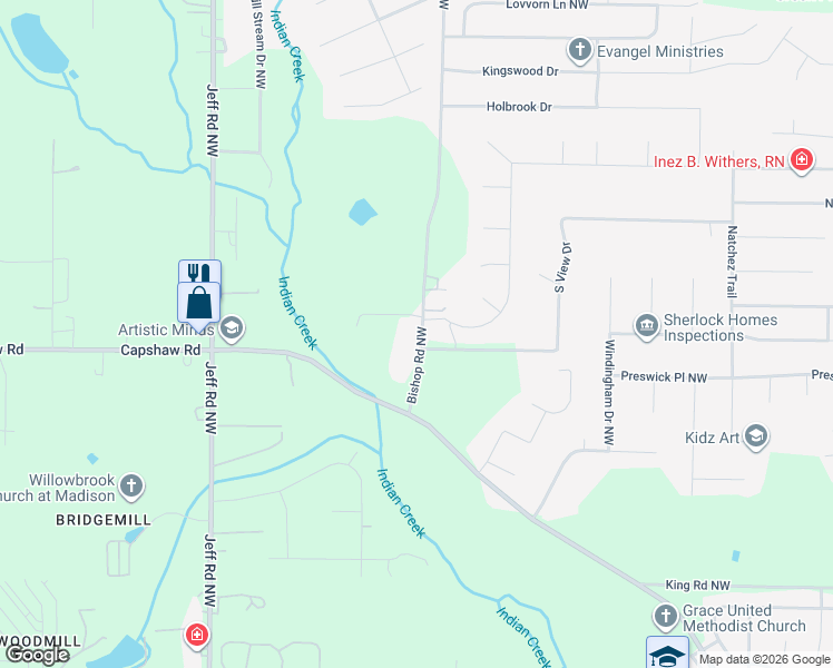 map of restaurants, bars, coffee shops, grocery stores, and more near 183 Bishop Road Northwest in Huntsville