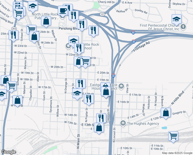 map of restaurants, bars, coffee shops, grocery stores, and more near 1923 North Magnolia Street in North Little Rock