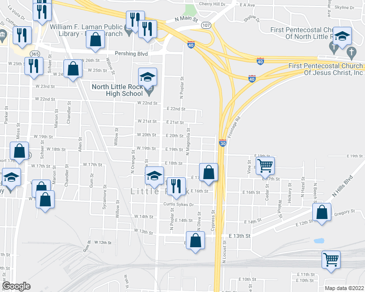 map of restaurants, bars, coffee shops, grocery stores, and more near 1923 North Magnolia Street in North Little Rock