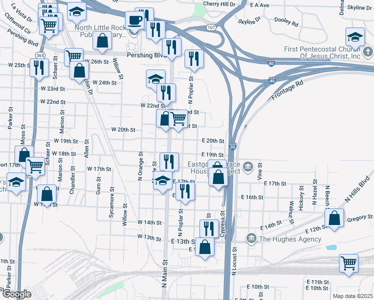 map of restaurants, bars, coffee shops, grocery stores, and more near 1923 North Magnolia Street in North Little Rock
