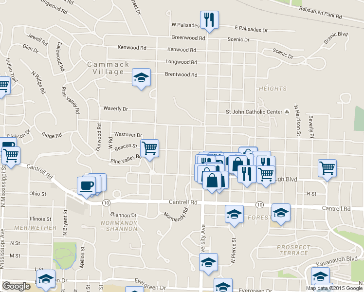 map of restaurants, bars, coffee shops, grocery stores, and more near 2220 North Arthur Street in Little Rock