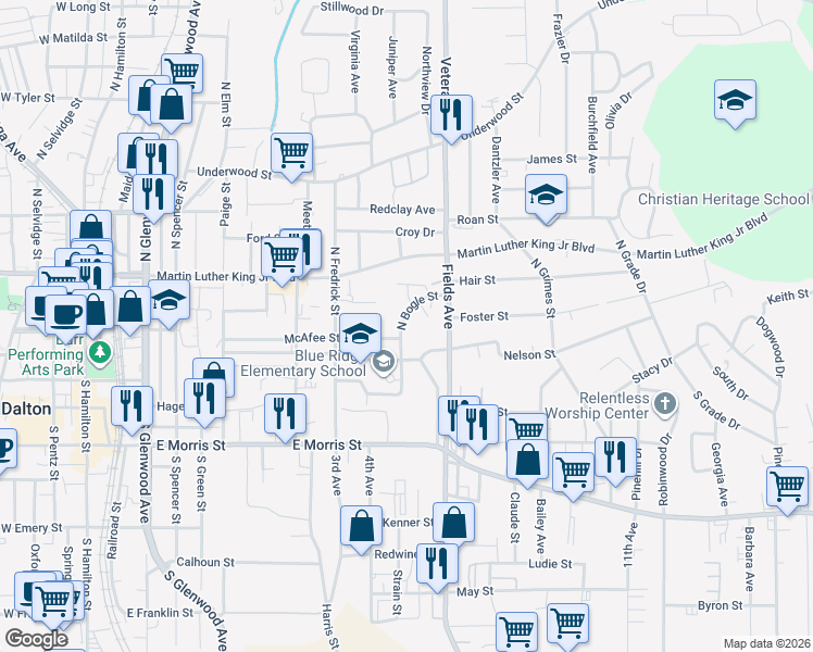 map of restaurants, bars, coffee shops, grocery stores, and more near 207 North Bogle Street in Dalton