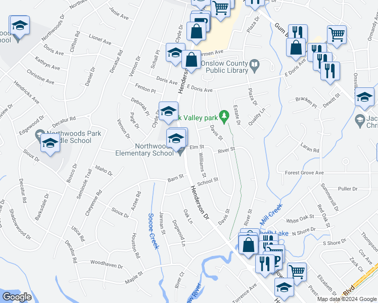 map of restaurants, bars, coffee shops, grocery stores, and more near 618 Henderson Drive in Jacksonville