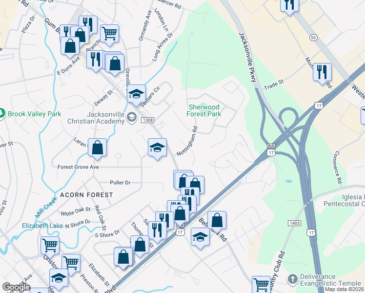 map of restaurants, bars, coffee shops, grocery stores, and more near 205 Marion Court in Jacksonville