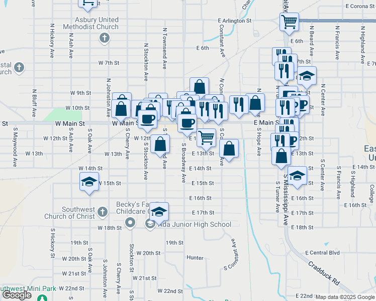 map of restaurants, bars, coffee shops, grocery stores, and more near in Ada