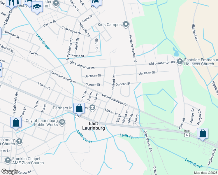 map of restaurants, bars, coffee shops, grocery stores, and more near 711 Duncan Street in Laurinburg