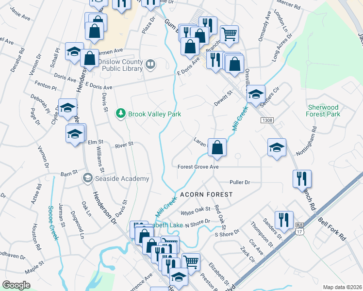 map of restaurants, bars, coffee shops, grocery stores, and more near 306 Forest Grove Avenue in Jacksonville
