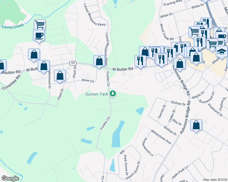 map of restaurants, bars, coffee shops, grocery stores, and more near 131 Trailside Lane in Greenville