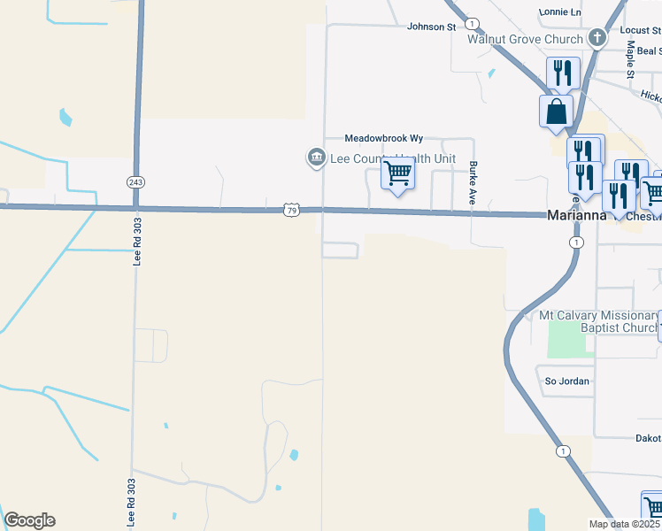 map of restaurants, bars, coffee shops, grocery stores, and more near 31 Lee Road 404 in Marianna