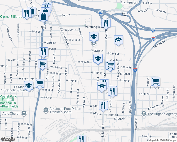 map of restaurants, bars, coffee shops, grocery stores, and more near 1911 Orange Street in North Little Rock