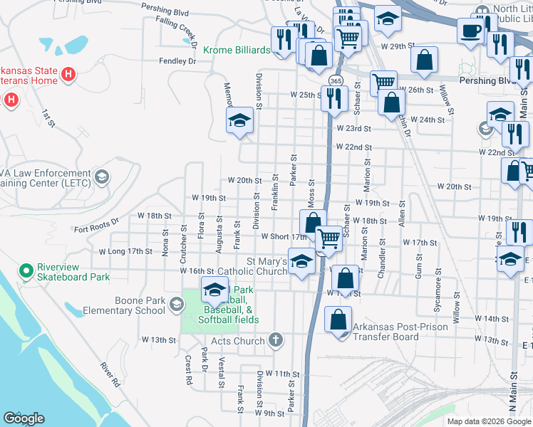 map of restaurants, bars, coffee shops, grocery stores, and more near 1420 West 19th Street in North Little Rock
