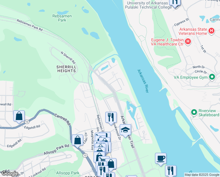 map of restaurants, bars, coffee shops, grocery stores, and more near 2400 Riverfront Drive in Little Rock