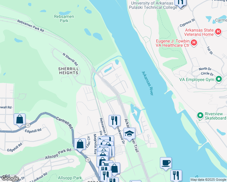 map of restaurants, bars, coffee shops, grocery stores, and more near 2400 Riverfront Drive in Little Rock