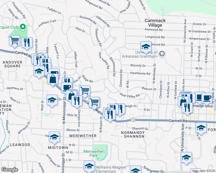map of restaurants, bars, coffee shops, grocery stores, and more near 121 Kings Row Drive in Little Rock