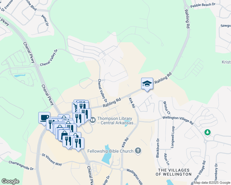 map of restaurants, bars, coffee shops, grocery stores, and more near 27 Chenal Village Circle in Little Rock
