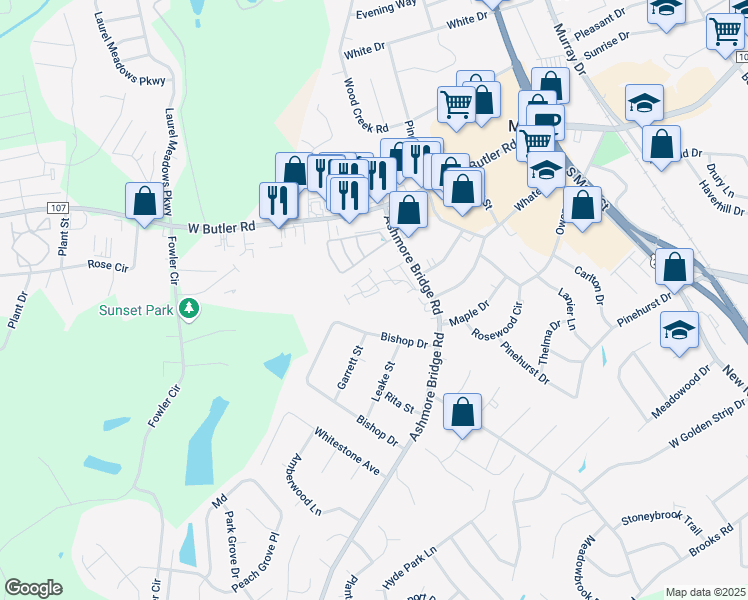 map of restaurants, bars, coffee shops, grocery stores, and more near 429 Twist Circle in Mauldin