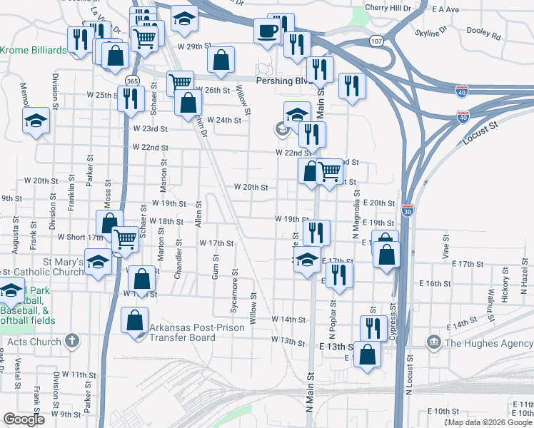 map of restaurants, bars, coffee shops, grocery stores, and more near 1911 Orange Street in North Little Rock