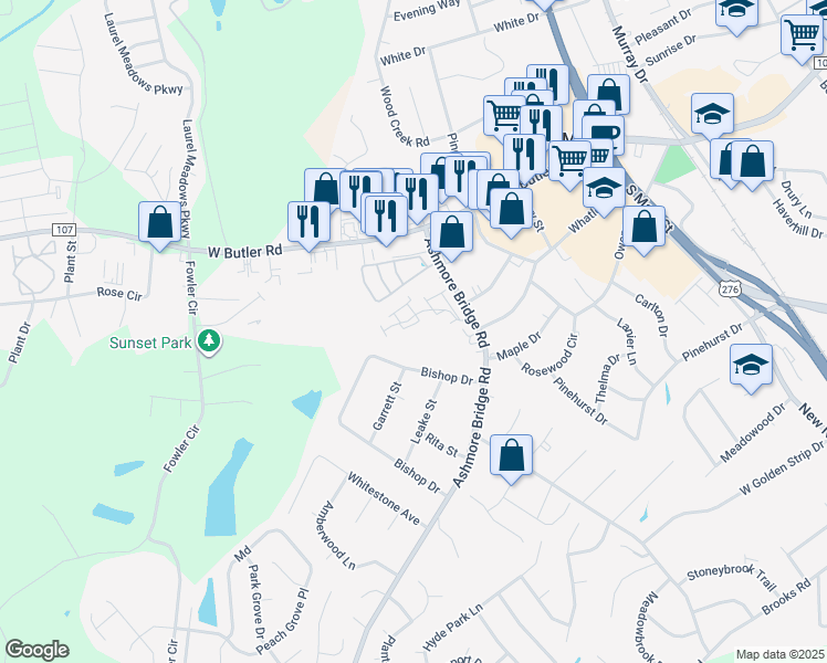 map of restaurants, bars, coffee shops, grocery stores, and more near 429 Twist Circle in Mauldin