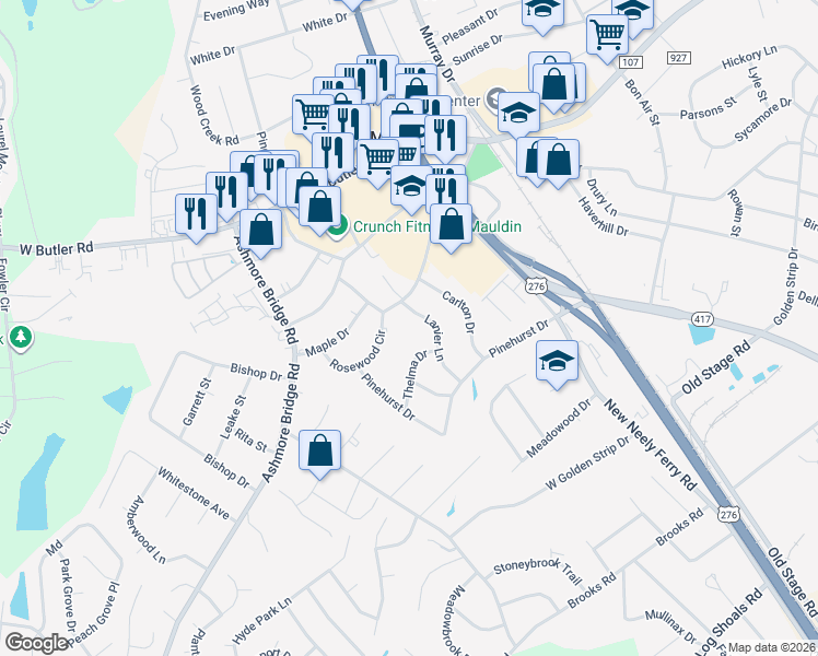 map of restaurants, bars, coffee shops, grocery stores, and more near 102 Lanier Lane in Mauldin