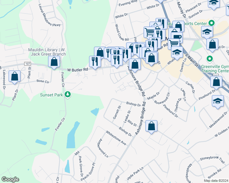 map of restaurants, bars, coffee shops, grocery stores, and more near 207 Bedwin Court in Mauldin