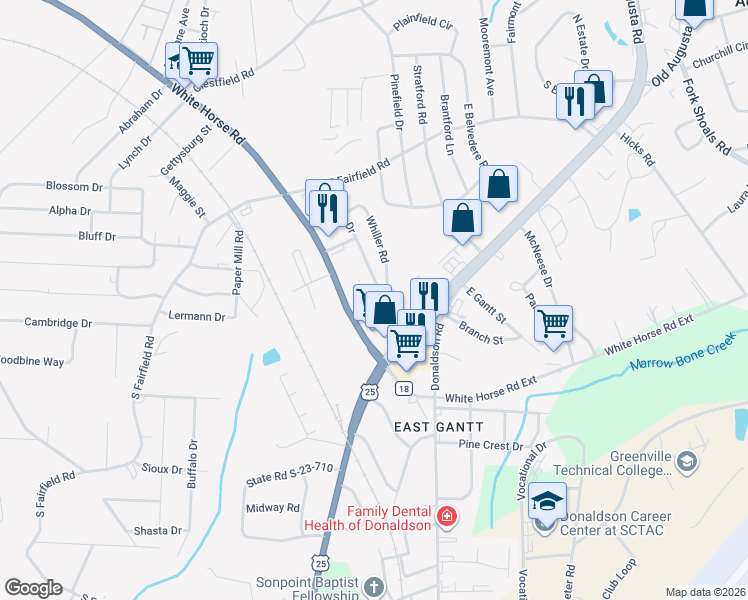 map of restaurants, bars, coffee shops, grocery stores, and more near 342 White Horse Road in Greenville