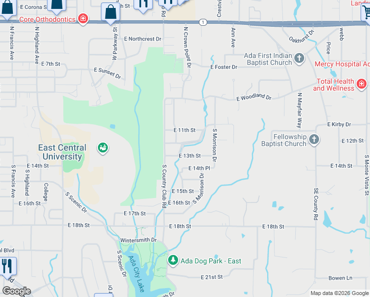map of restaurants, bars, coffee shops, grocery stores, and more near 120 South Crownpoint Drive in Ada